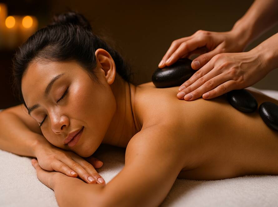 Registered massage therapist placing smooth, heated stones on client’s back during a Hot Stone Massage in Lethbridge