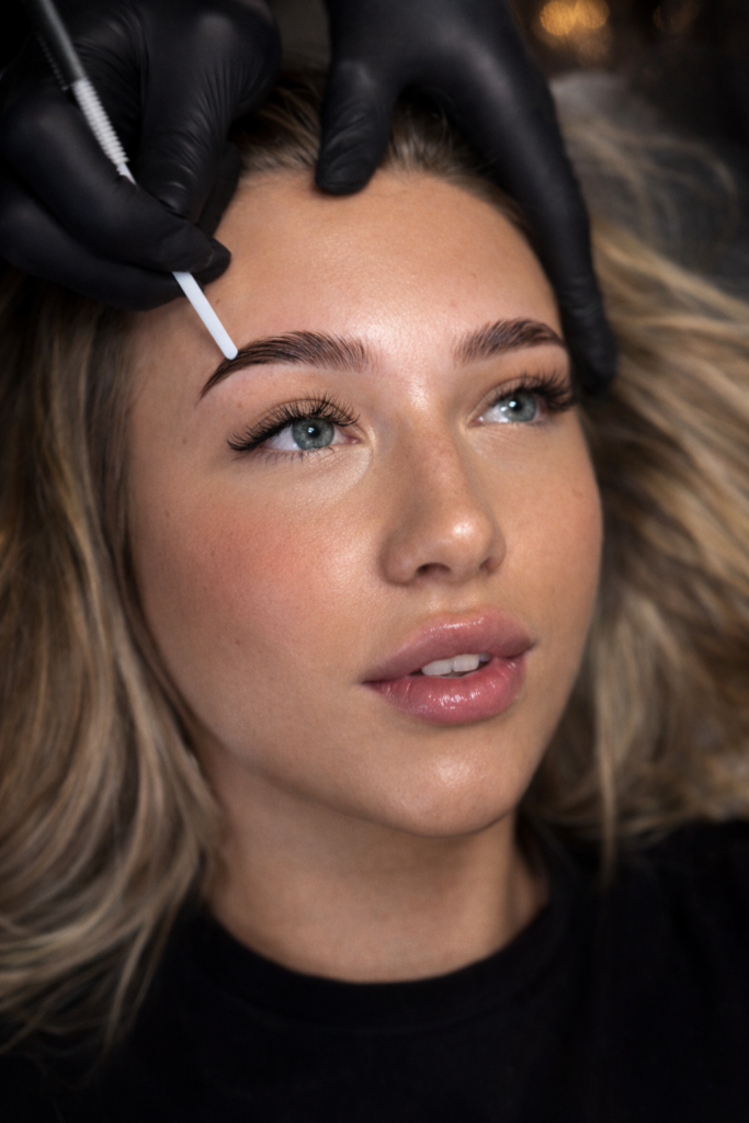 Before and after eyelash lamination showing lifted natural lashes with a soft curled finish