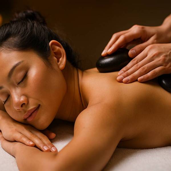 Registered massage therapist placing smooth, heated stones on client’s back during a Hot Stone Massage in Lethbridge
